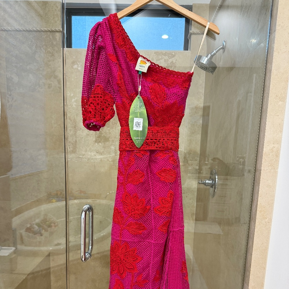 FARM RIO GUIPUIRE BICOLOR MAXI DRESS ONE SHOULDER RED SMALL